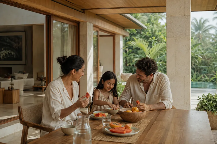 Illustration IA : une famille partage des fruits autour d’une table, dans une villa ouverte sur un jardin tropical.