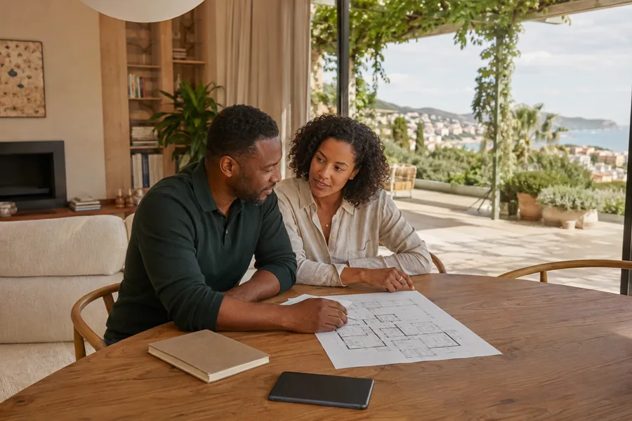 Illustration IA : un couple examine un plan immobilier à une table, dans un appartement lumineux avec vue sur la mer.